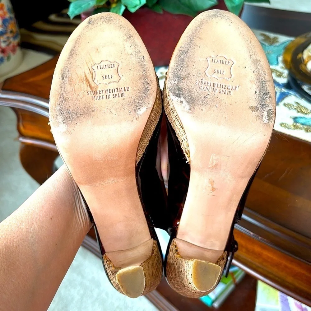 Stuart Weitzman for Scoop NYC Slingback Peep Toe Heels Tortoise Patent Leather